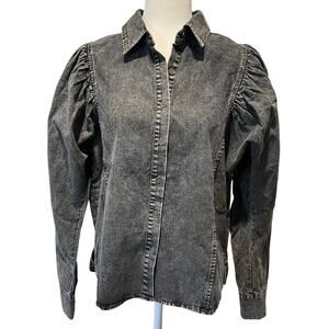 Promesa Acid Wash Shirt NWOT Sz S Button Up Cotton Puff Sleeves Gray Festival